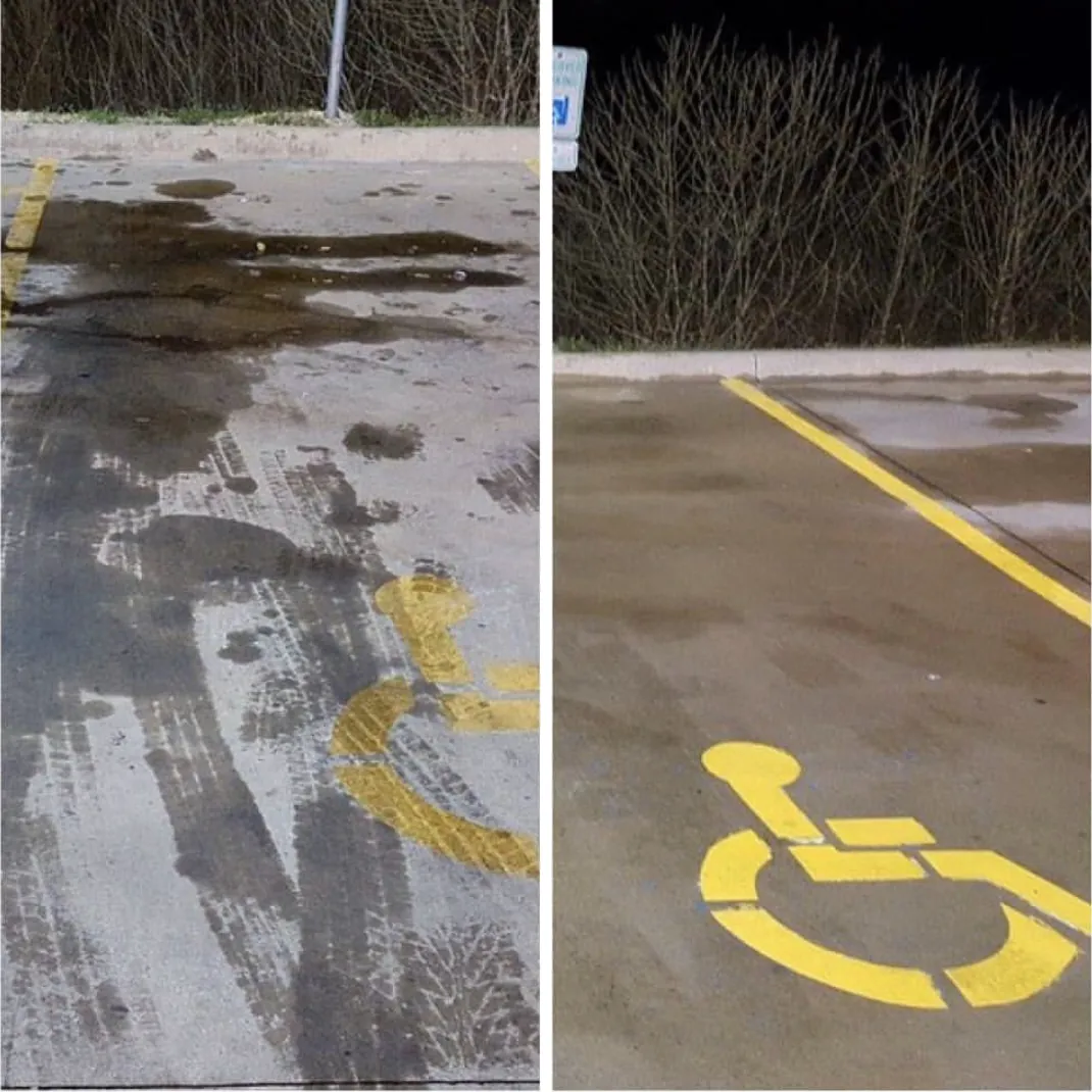 Before and after: accessible parking space covered in oil stains and tire marks, then clean after pressure washing.