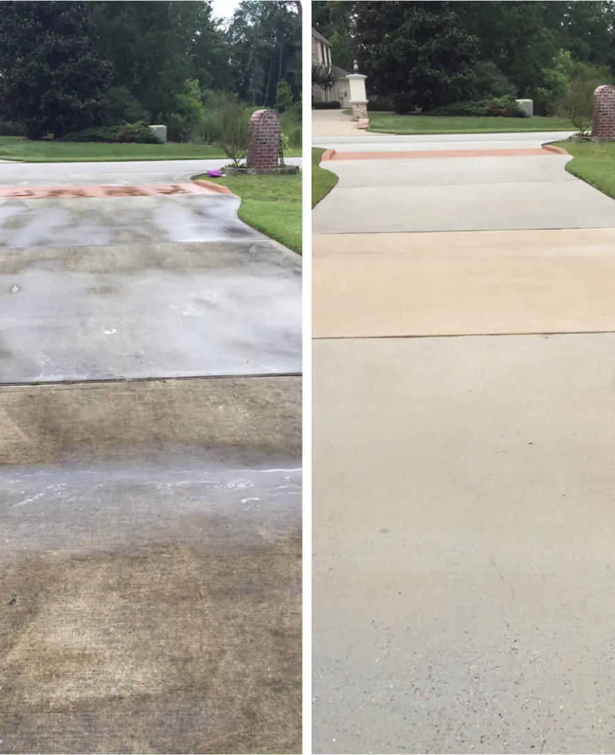 Before and after: concrete driveway blotched with dark stains and mildew, then clean and even after pressure washing.
