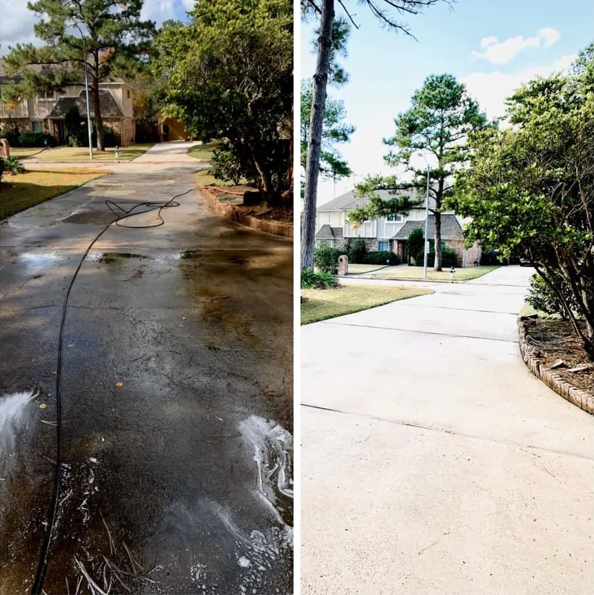 Before and after: a dark, grimy driveway partway through washing, then the same driveway clean, light and dry.