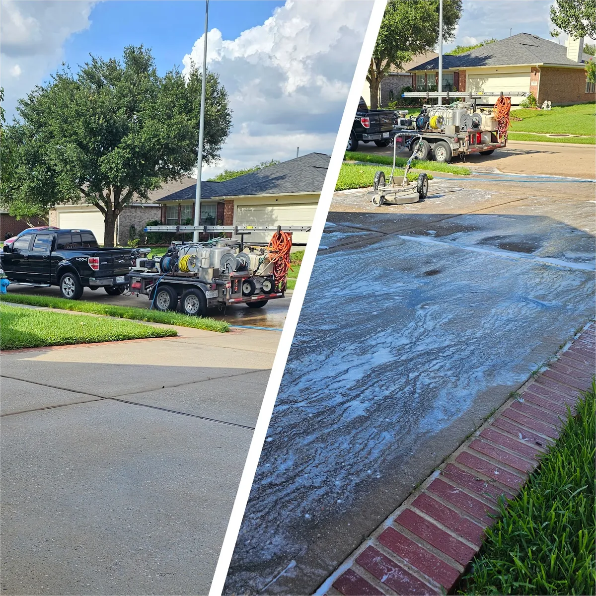 Mr. Power Wash pickup and equipment trailer parked by a clean driveway, and a surface cleaner washing a soapy driveway.