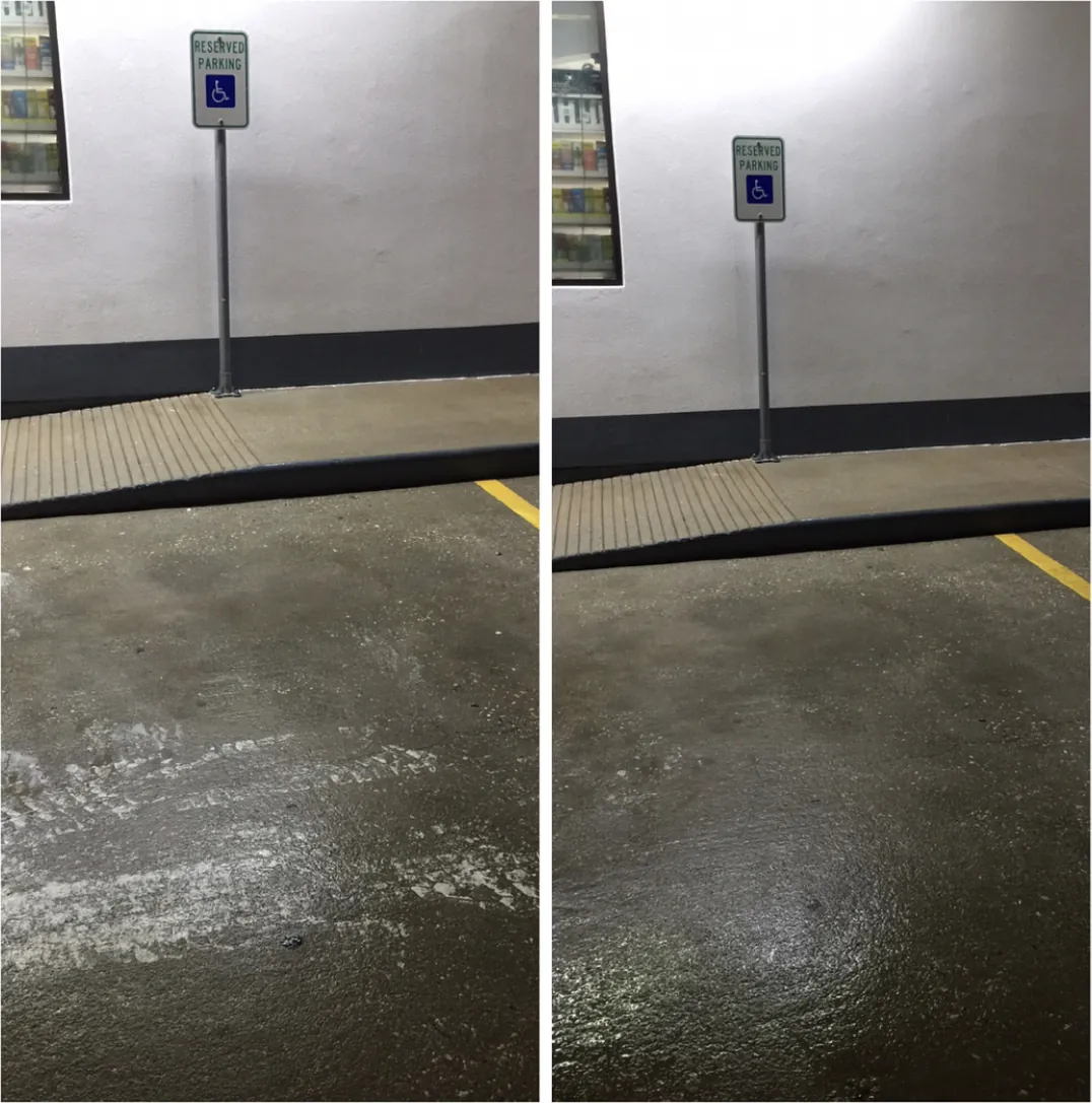 Before and after: parking garage ramp and floor with white streaks and residue, then clean after washing.