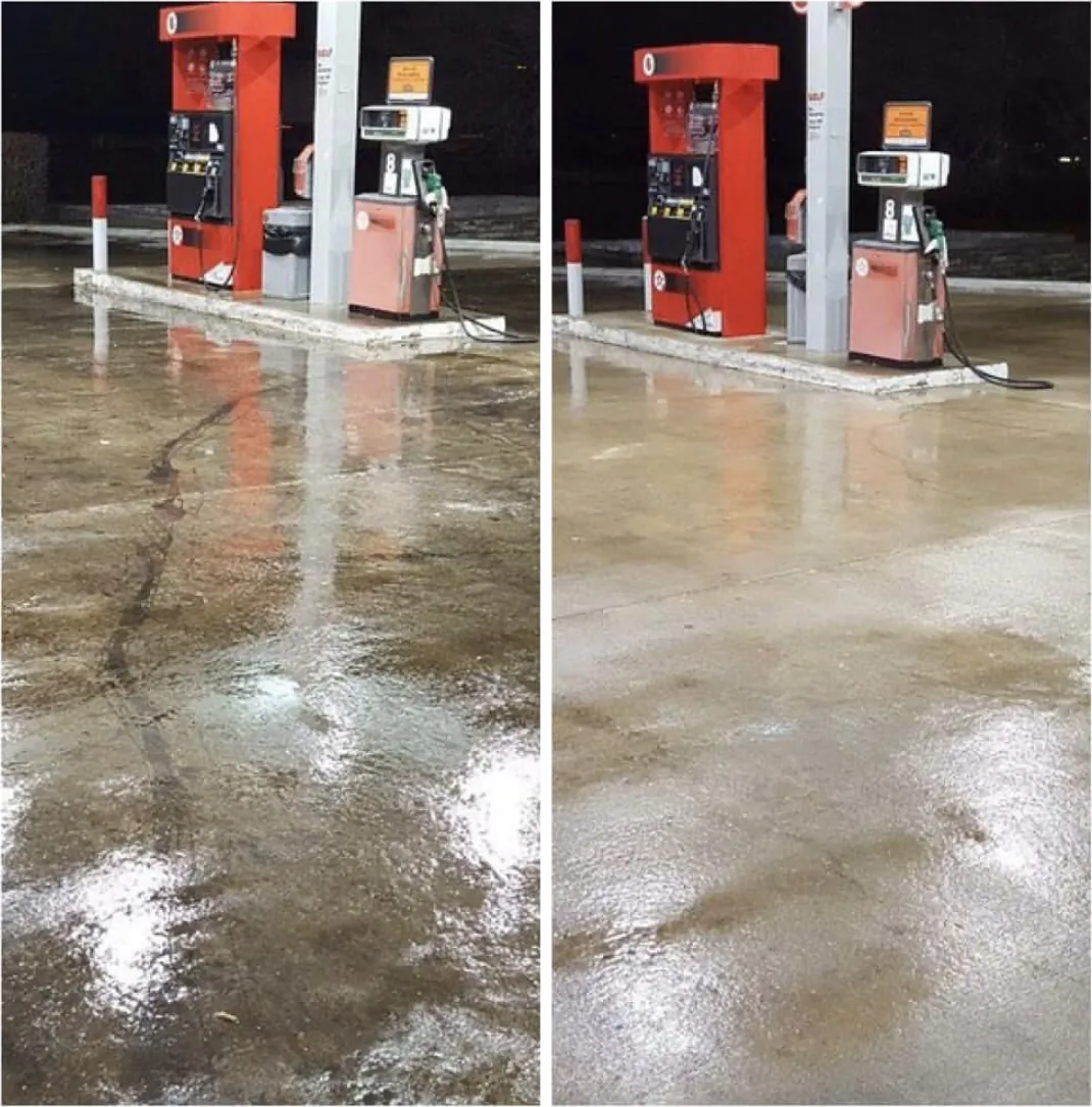 Before and after: gas station pump island concrete with dark tire marks and grime, then cleaner after pressure washing.