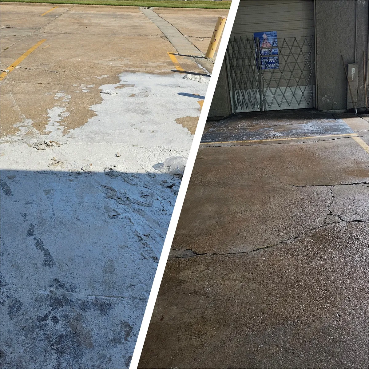 Before and after: commercial parking and loading area concrete coated in dried white paint residue, then clean concrete after pressure washing.