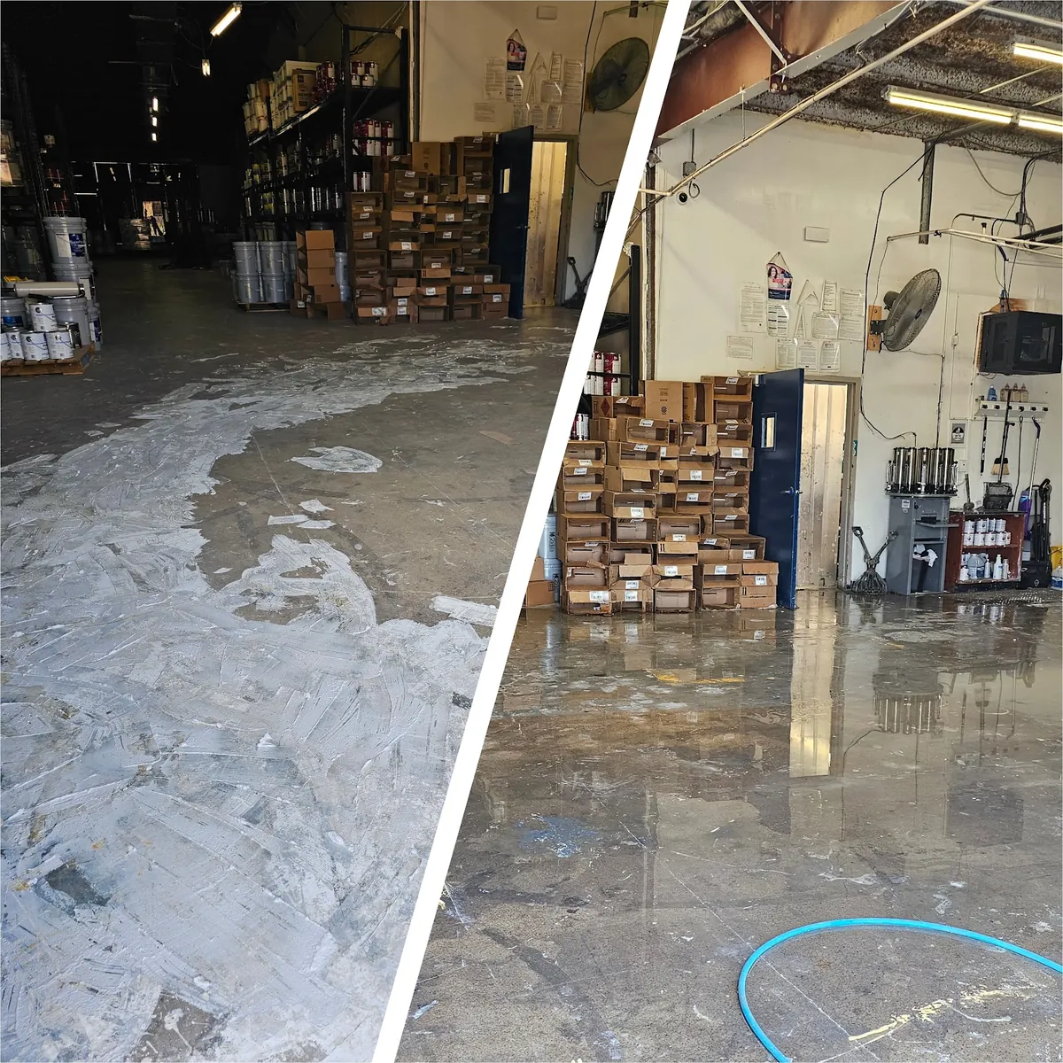 Before and after: a store warehouse floor covered in dried white paint spills, then clean concrete after pressure washing.
