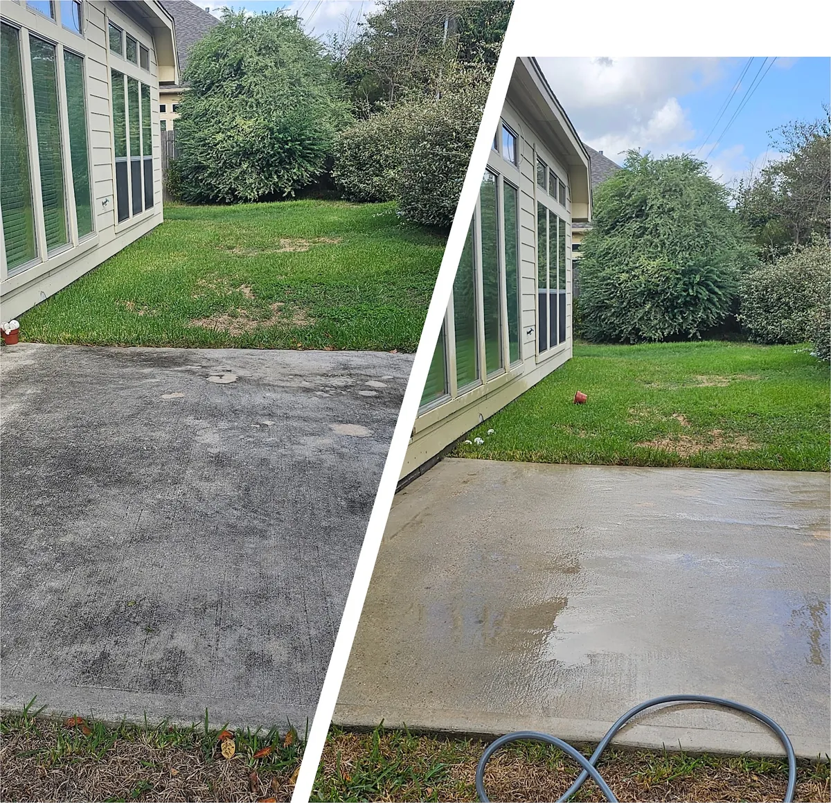 Before and after: a backyard concrete patio darkened with black mildew, then clean and light after pressure washing.
