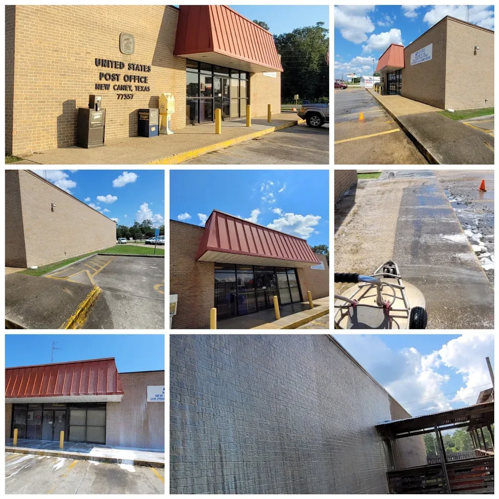 Collage of the U.S. Post Office in New Caney, Texas, showing clean brick walls, the entrance and awning, a ramp and the parking area being washed.