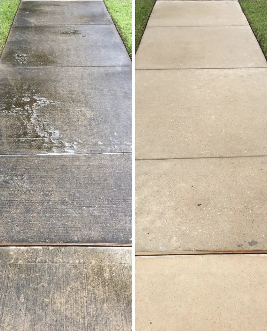 Before and after: concrete sidewalk darkened with dirt and mildew, then clean and light after pressure washing.