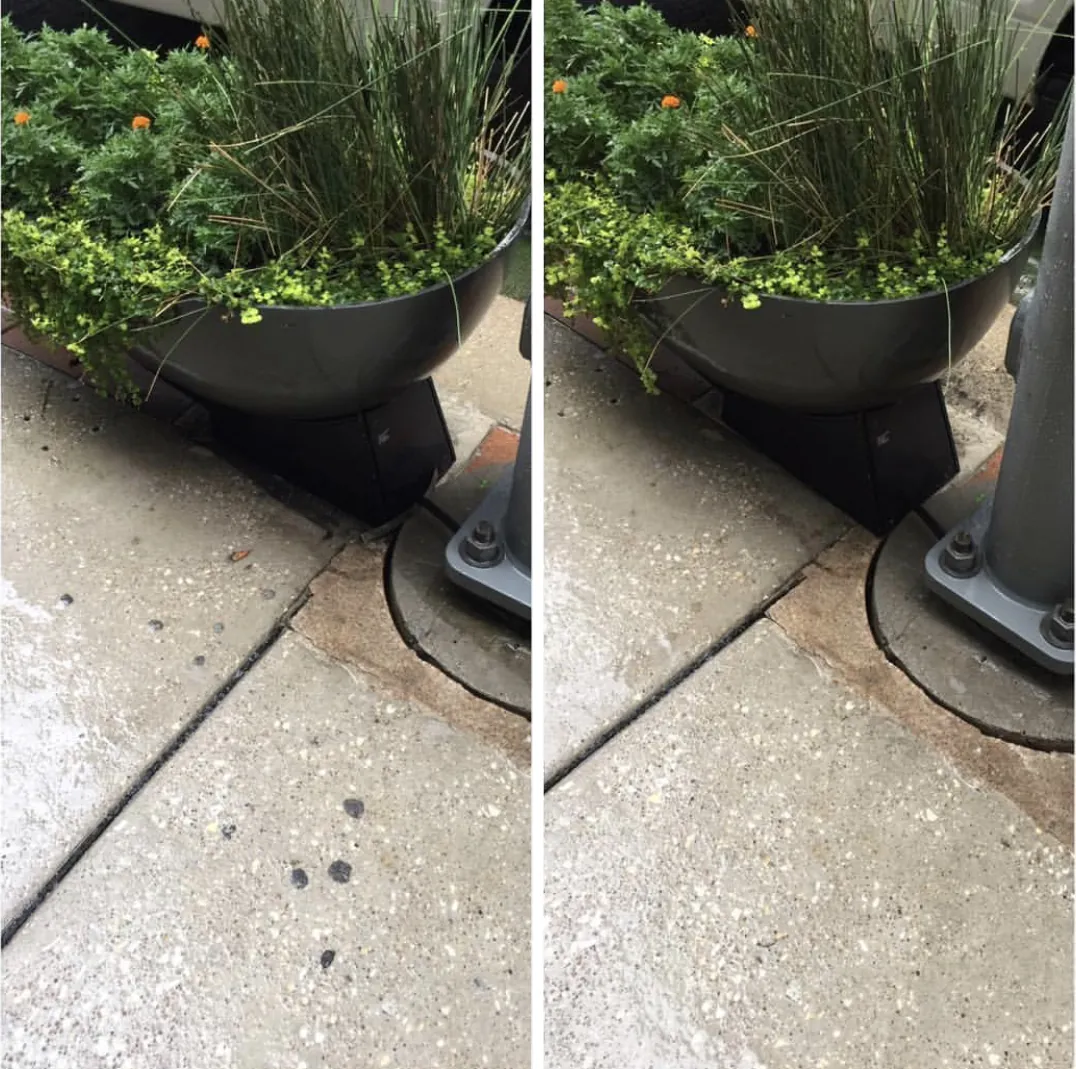Before and after: sidewalk next to a planter with black gum spots, then with the spots removed.