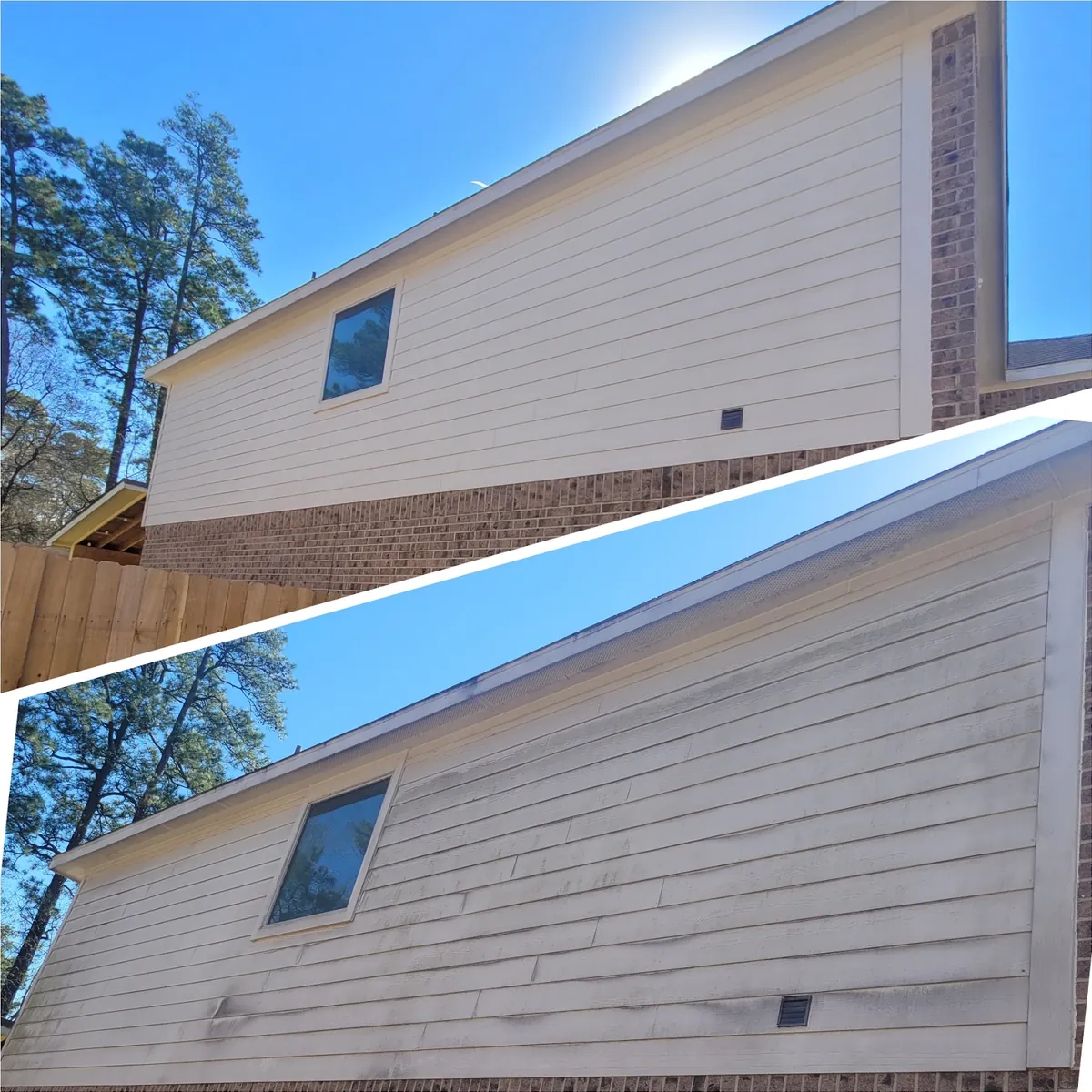 Before and after: two-story house siding streaked with dark mildew (bottom), then clean and bright after house washing (top).