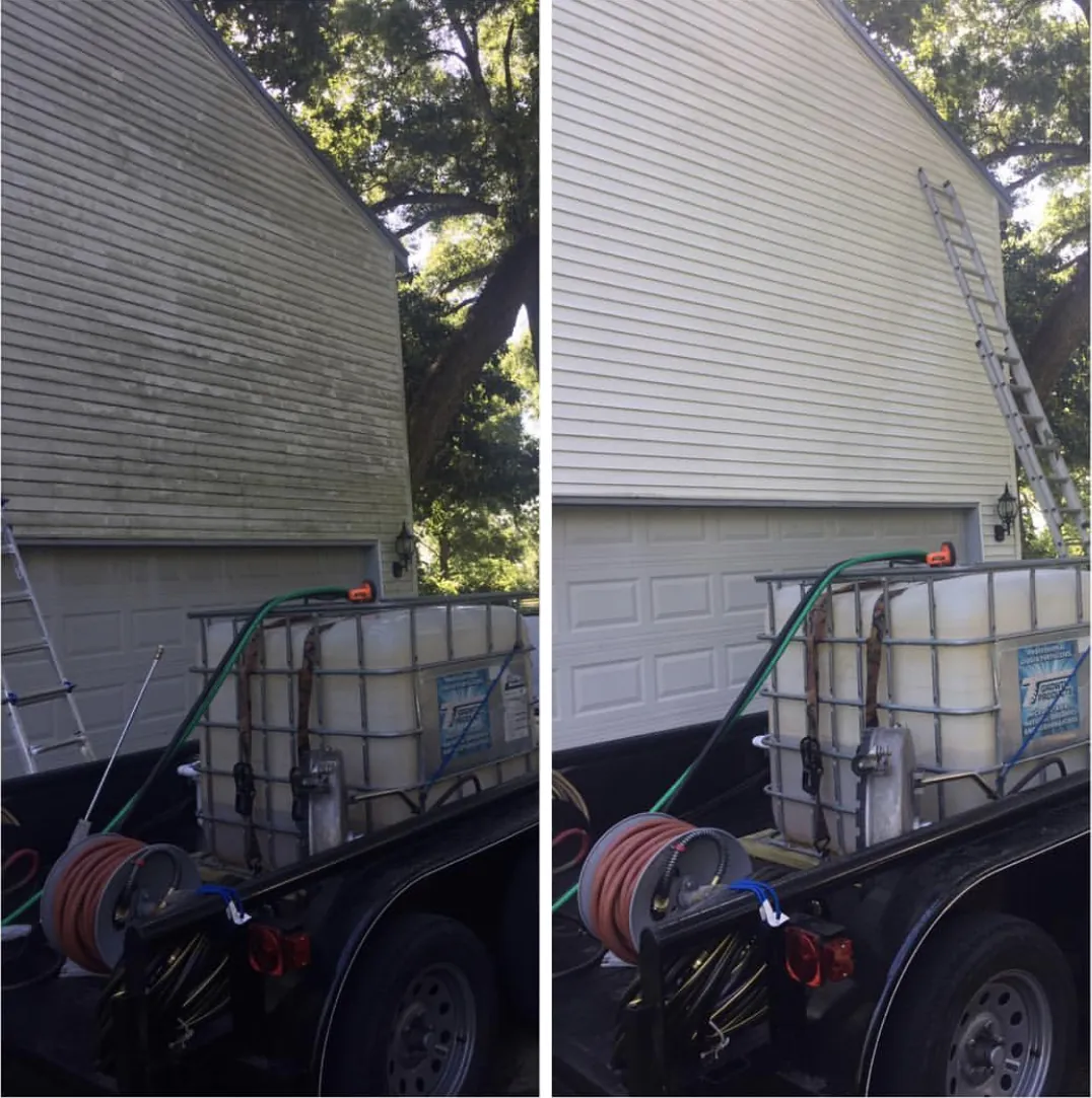 Before and after: vinyl siding and garage door streaked green with mildew, then clean and white after house washing.